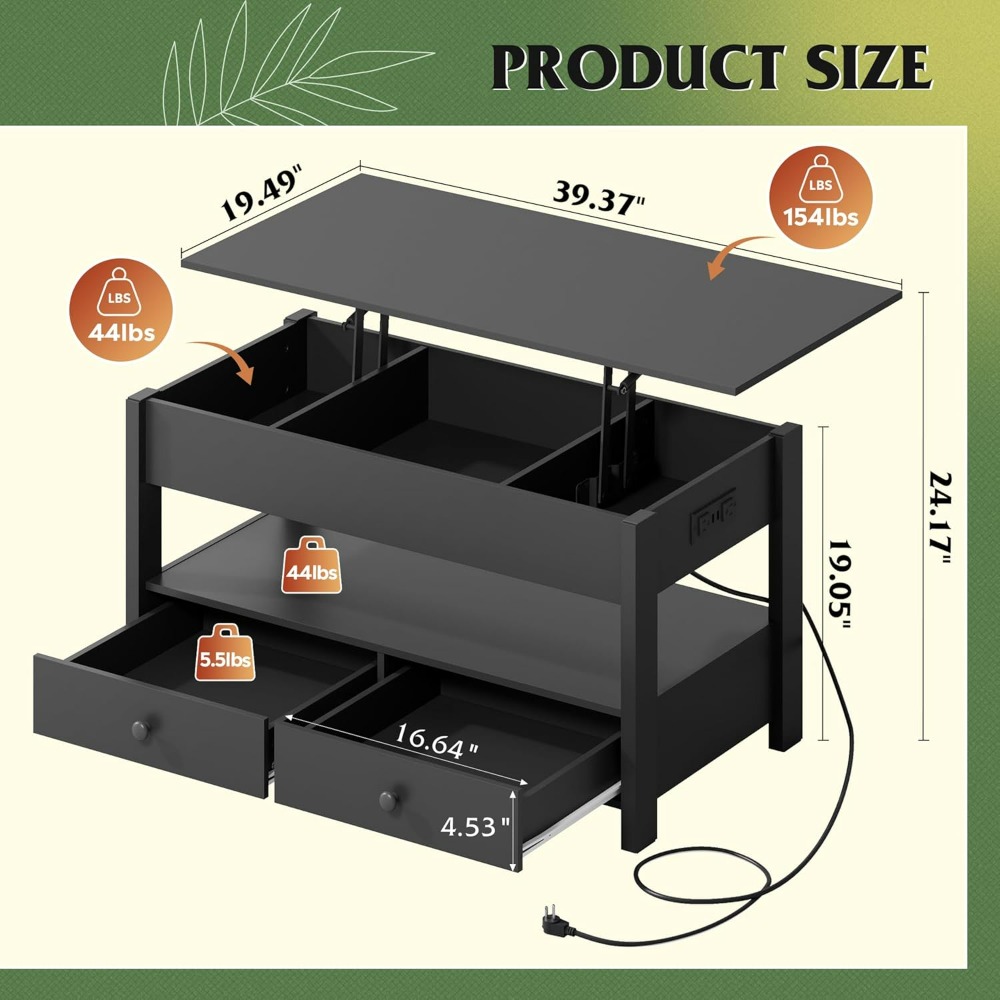 WLIVE Black Lift Top Coffee Ta - Desk Drawer Unit 评论和价格
