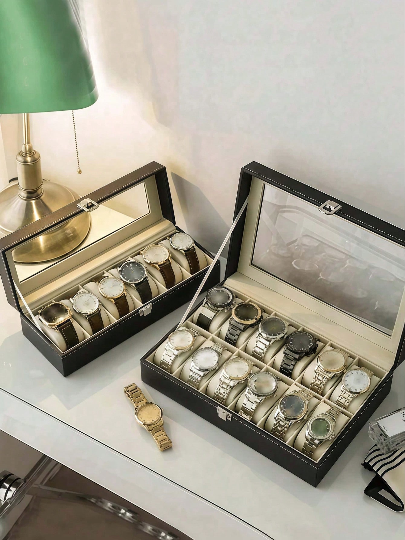 Leather Watch Box with Lock, L - Cable Box Organizer 评论和价格