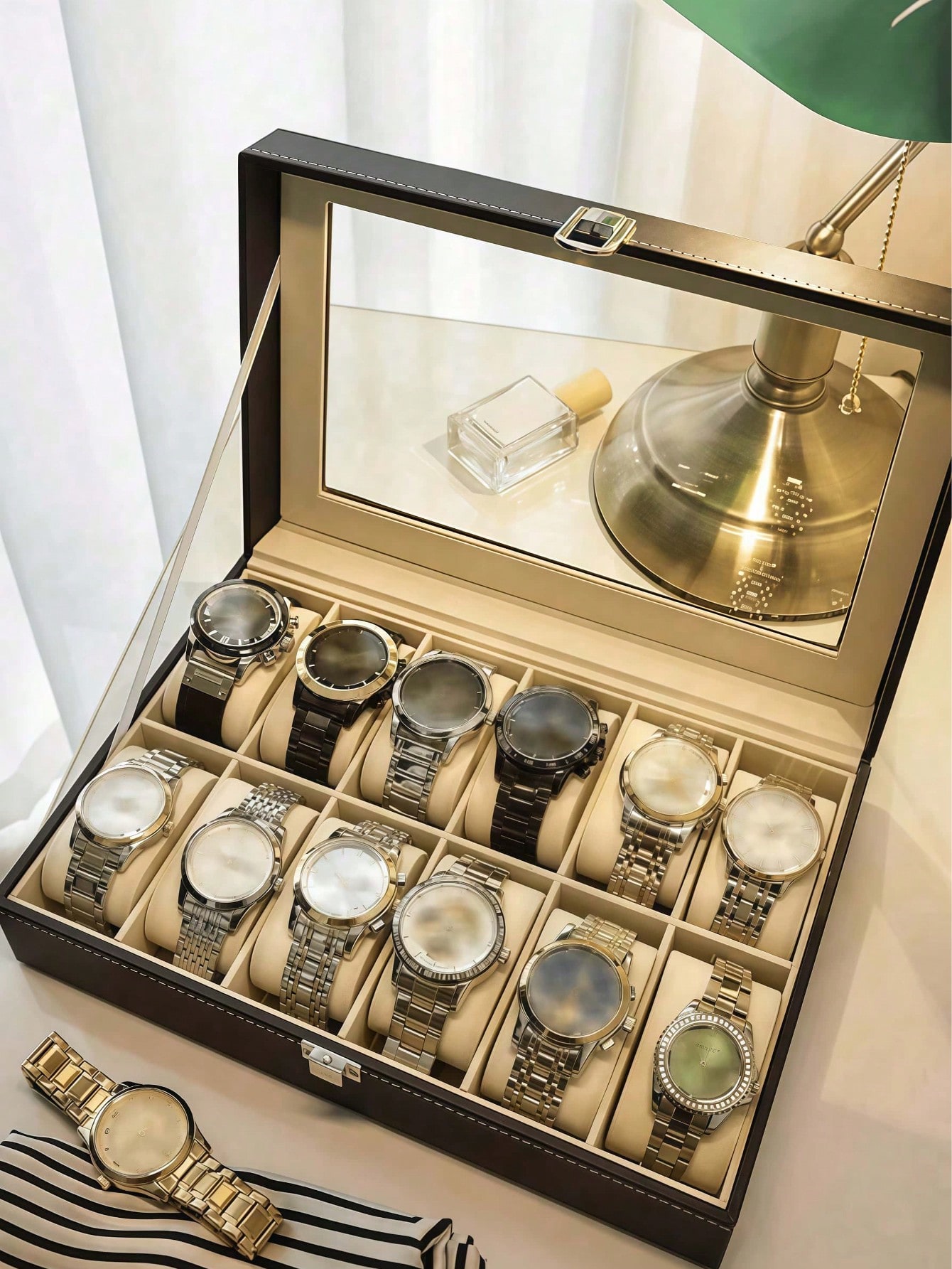 Leather Watch Box with Lock, L - Cable Box Organizer 评论和价格